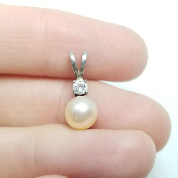 Vintage Avon Sterling Silver Faux Pearl Pendant, Rhinestone, Small, Signed - Picture 9 of 9